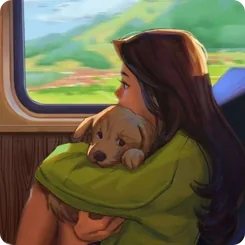 Tekening van een meisje met een hond op de trein